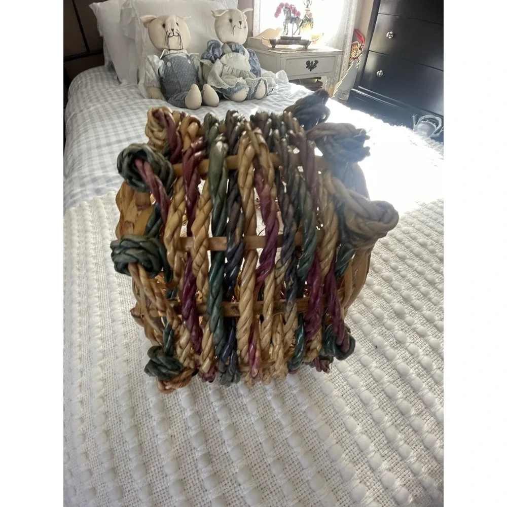 Handmade Small Wicker Woven Square Basket Twisted Handle Rustic Multicolor